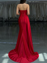 Red Strapless Crystal Encrusted Neckline Satin Prom Dress with Draped Slit