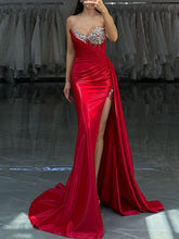 Red Strapless Crystal Encrusted Neckline Satin Prom Dress with Draped Slit