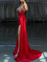 Red Strapless Crystal Encrusted Neckline Satin Prom Dress with Draped Slit