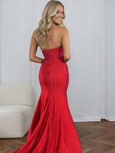 Red Strapless Sequin Long Prom Dress with Linear Beading