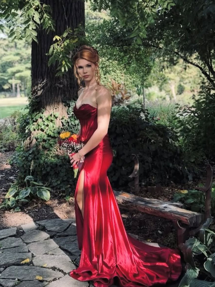 red strapless prom dress Tulle Long Dresses, Evening Gown With Lace Appliques, MP712 Experience elegance in Arielle Red Satin Strapless Corset Prom