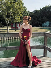 Red Strapless Sweetheart Satin Long Prom Dress with Slit
