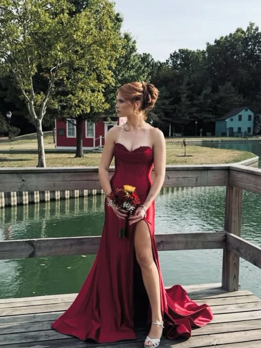 Red Strapless Sweetheart Satin Long Prom Dress with Slit