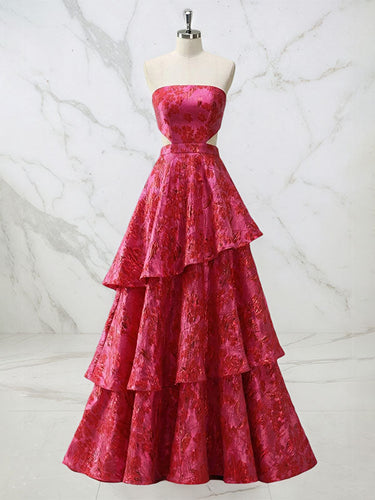 Red Tiered Brocade Prom Dress with Modern Waist Cut-Outs