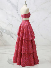 Red Tiered Brocade Prom Dress with Modern Waist Cut-Outs