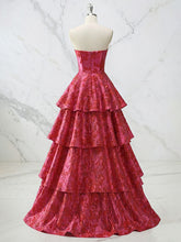Red Tiered Brocade Prom Dress with Shimmering Floral Texture