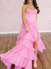 Red A Line Strapless Long Tiered Ruffle Prom Dress