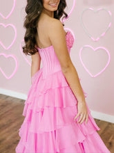 Red A Line Strapless Long Tiered Ruffle Prom Dress
