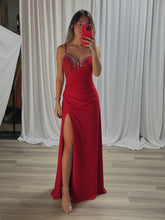 Beaded V Neck Corset Bodice Long Prom Dress with Slit