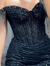 Off-the-Shoulder Beaded Tulle Long Prom Dress with Swirling Sequins