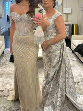 Off-the-Shoulder Beaded Tulle Long Prom Dress with Swirling Sequins