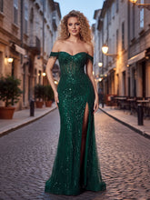 Red Off-the-Shoulder Beaded Tulle Prom Dress with Swirling Sequins