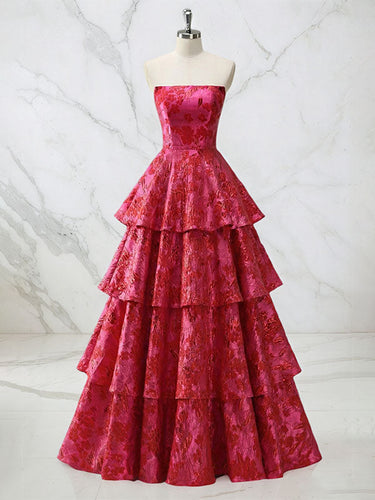 Red Tiered Brocade Prom Dress with Shimmering Floral Texture