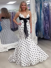 Retro Chic Polka Dot Mermaid Prom Dress with Pink Bow Detail