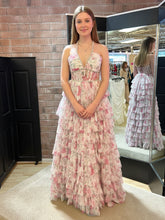 Romantic Floral Ruffle Prom Dress with Beaded Halter Corset