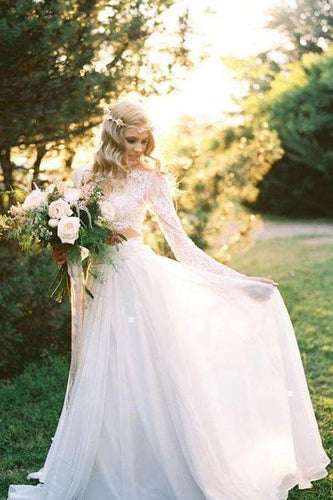 Romantic Ivory Chiffon Two Piece Long Sleeves Wedding Dresses with Lace, MW521