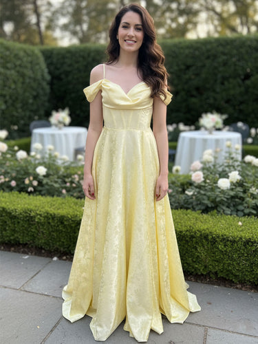 Romantic Off-Shoulder Jacquard A-Line Long Prom Dress