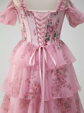 Romantic Pink Floral Corset Bodice Prom Gown with Tiered Ruffles