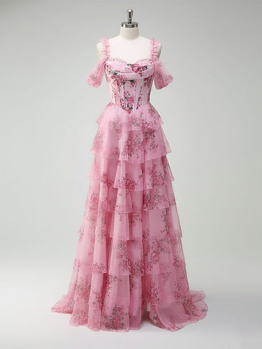 Romantic Pink Floral Corset Bodice Prom Gown with Tiered Ruffles