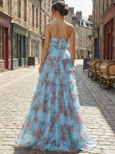 Romantic Blue Floral Tiered Prom Dress with Cut-Out Detail