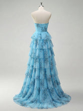Romantic Blue Floral Tiered Prom Dress with Cut-Out Detail