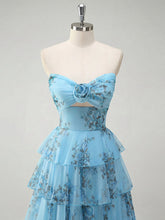 Romantic Pink Floral Tiered Prom Dress with Cut-Out Detail