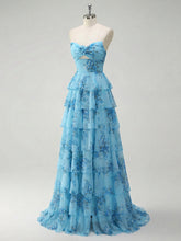 Romantic Blue Floral Tiered Prom Dress with Cut-Out Detail