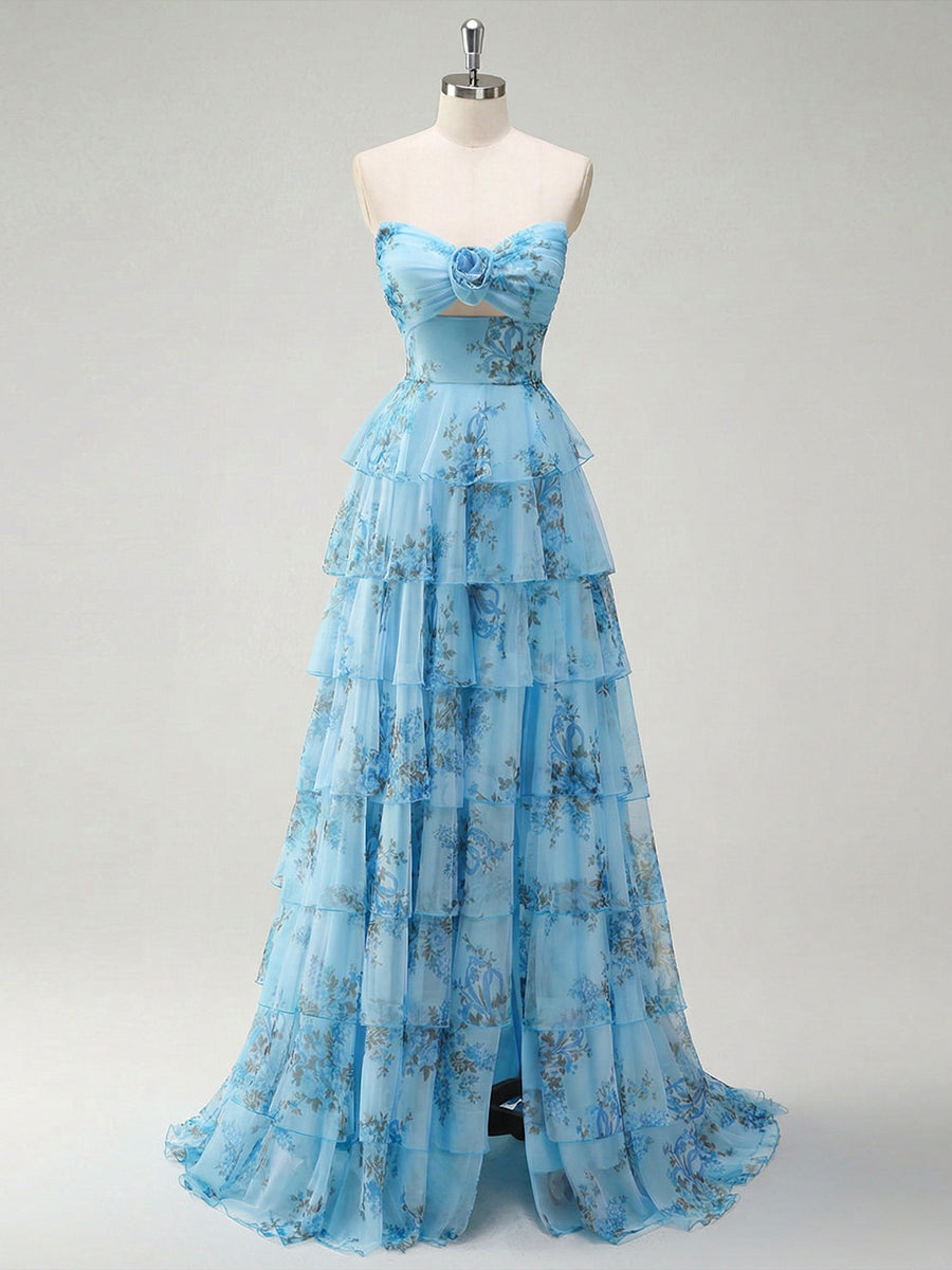 Romantic Blue Floral Tiered Prom Dress with Cut-Out Detail