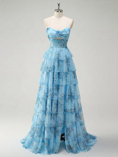 Romantic Blue Floral Tiered Prom Dress with Cut-Out Detail