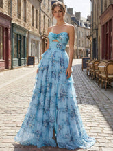 Romantic Blue Floral Tiered Prom Dress with Cut-Out Detail