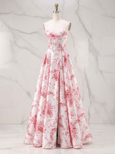 Romantic Pink Strapless Toile Print Corset A-Line Prom Dress