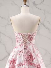 Romantic Pink Strapless Toile Print Corset A-Line Prom Dress