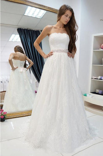 Romantic White A-line Lace Off Shoulder Wedding Dresses, Bridal Gowns, MW601