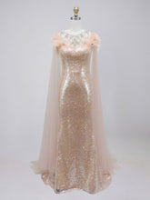 Rose Gold Tulle Cape Sequin Prom Dress with Feather Shoulders