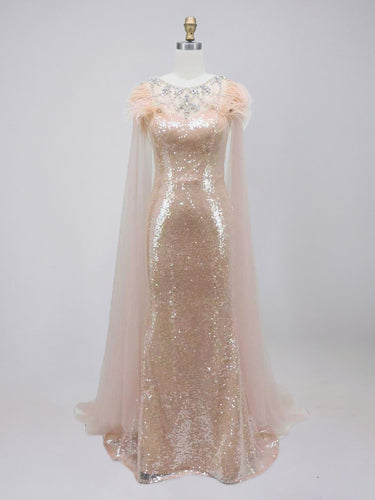 Rose Gold Tulle Cape Sequin Prom Dress with Feather Shoulders