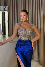 Glamorous Mermaid Square Neckline Satin Long Prom Dresses with Slit