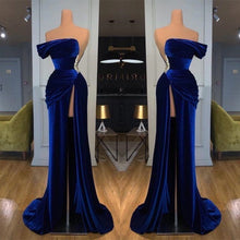 Royal Blue Off the shoulder Long Mermaid Velvet Prom Evening Dress with Split