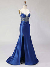 Royal Blue Beaded Corset Satin Prom Dress with High Slit