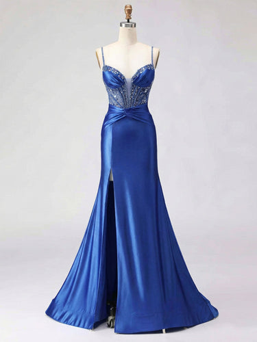 Royal Blue Beaded Corset Satin Prom Dress with High Slit