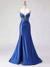 Royal Blue Beaded Corset Satin Prom Dress with High Slit