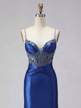 Royal Blue Beaded Corset Satin Prom Dress with High Slit