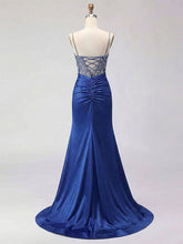 Royal Blue Beaded Corset Satin Prom Dress with High Slit