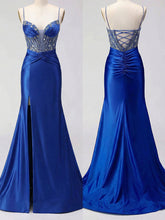 Royal Blue Beaded Corset Satin Prom Dress with High Slit