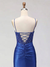 Royal Blue Beaded Corset Satin Prom Dress with High Slit