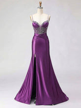 Royal Blue Beaded Corset Satin Prom Dress with High Slit