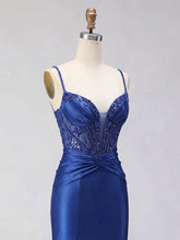 Royal Blue Beaded Corset Satin Prom Dress with High Slit