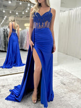 Royal Blue Beaded Lace Corset Satin Prom Dress with Slit