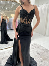 Royal Blue Beaded Lace Corset Satin Prom Dress with Slit