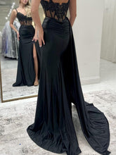 Royal Blue Beaded Lace Corset Satin Prom Dress with Slit