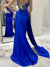Royal Blue Beaded Lace Corset Satin Prom Dress with Slit